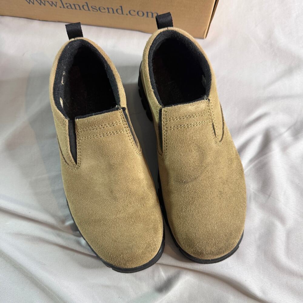 Lands’ End Suede Slip On Shoes Womens 6.5M Tan Comfort Loafers Lug Sole